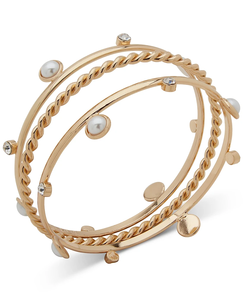 Anne Klein Gold-Tone 3-Pc. Set Crystal & Imitation Pearl Bangle Bracelets