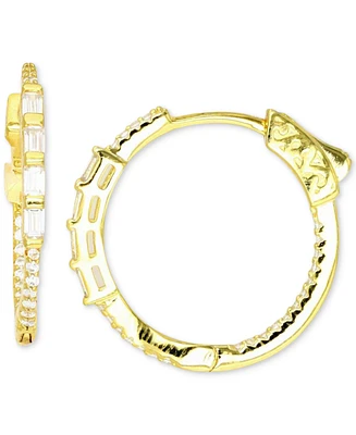Cubic Zirconia Round & Baguette Small Hoop Earrings in 14k Gold-Plated Sterling Silver, 0.79"
