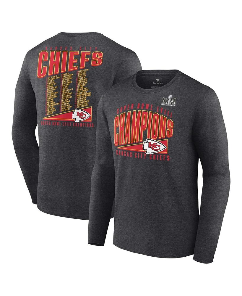 Men's Fanatics Heather Charcoal Kansas City Chiefs Super Bowl Lviii Champions Roster Best Teammates Long Sleeve T-shirt