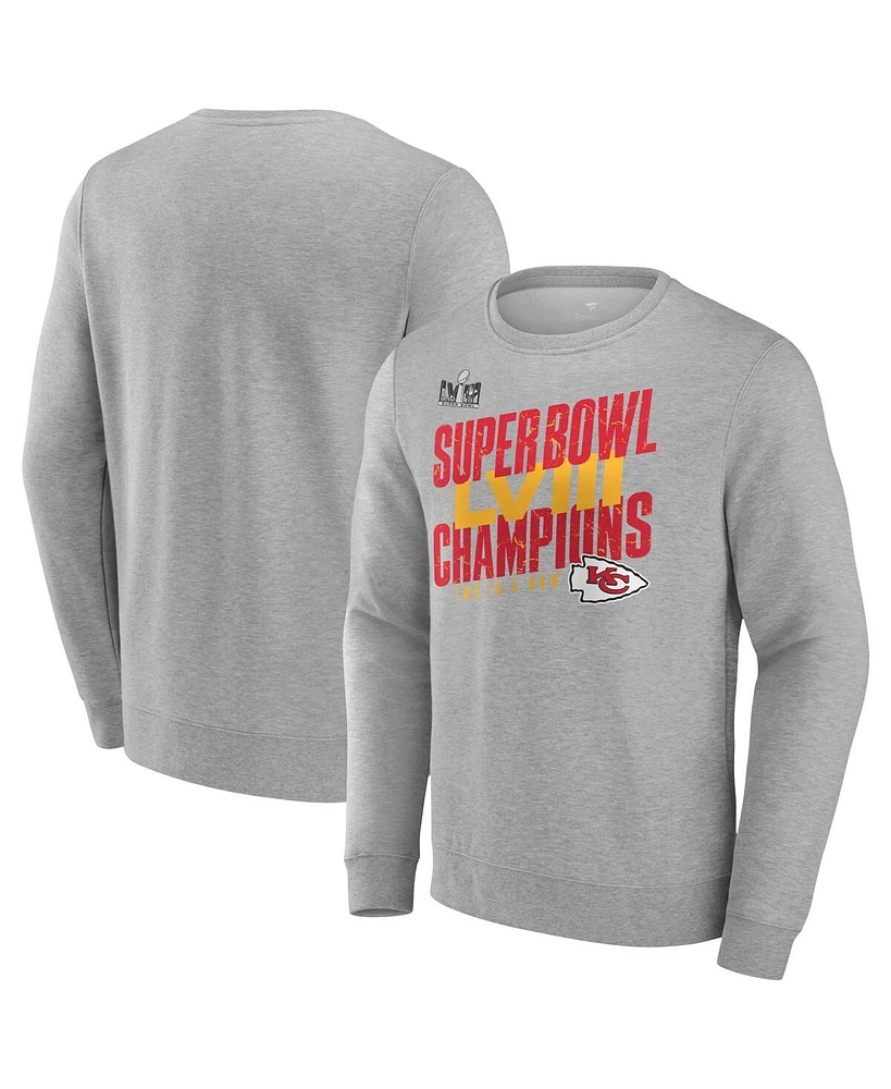 Men's Fanatics Heather Gray Kansas City Chiefs Super Bowl Lviii Champions Iconic Victory Crewneck Pullover