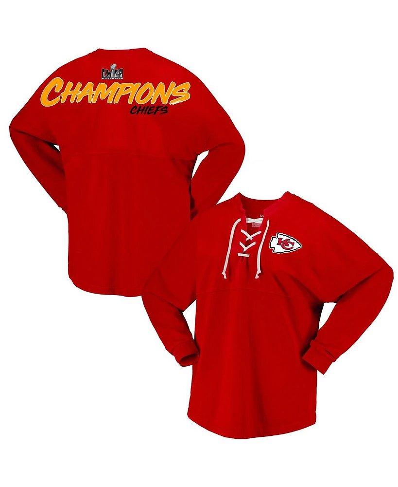 Women's Fanatics Red Kansas City Chiefs Super Bowl Lviii Champions Lace-Up Long Sleeve Jersey T-shirt