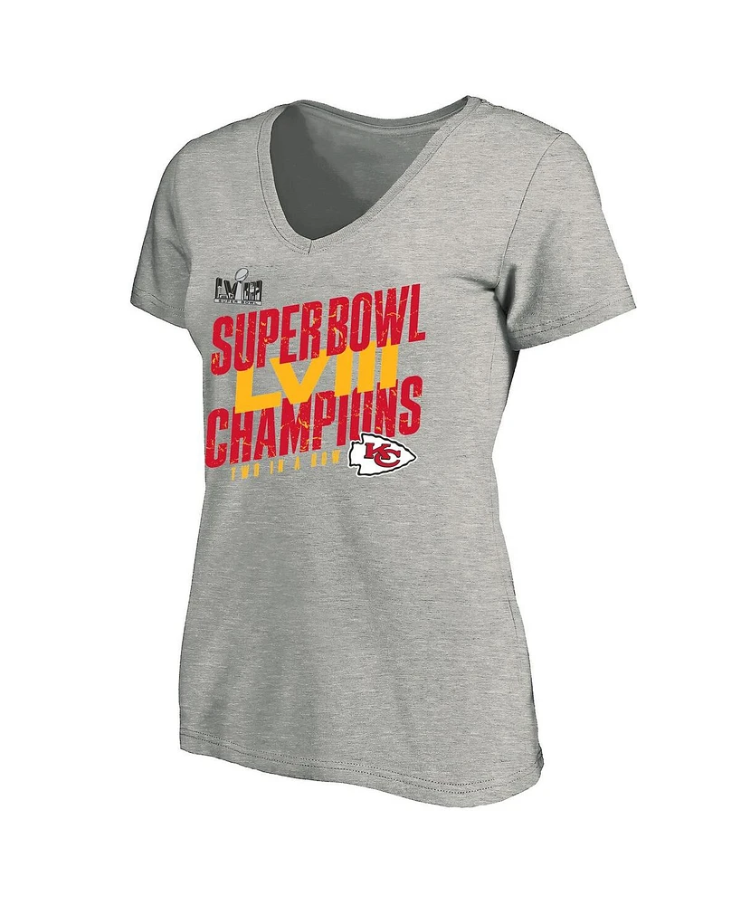 Women's Fanatics Heather Gray Kansas City Chiefs Super Bowl Lviii Champions Plus Iconic Victory V-Neck T-shirt