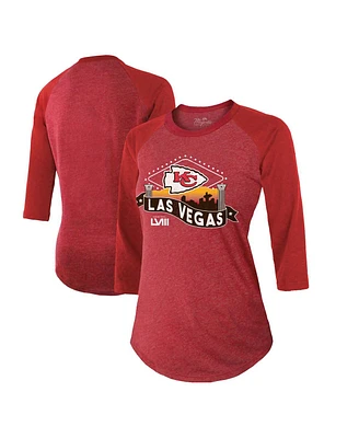 Women's Majestic Threads Red Kansas City Chiefs Super Bowl Lviii Vegas Raglan 3/4-Sleeve Tri-Blend T-shirt