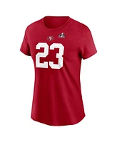 Women's Nike Christian McCaffrey Scarlet San Francisco 49ers Super Bowl Lviii Patch Player Name and Number T-shirt