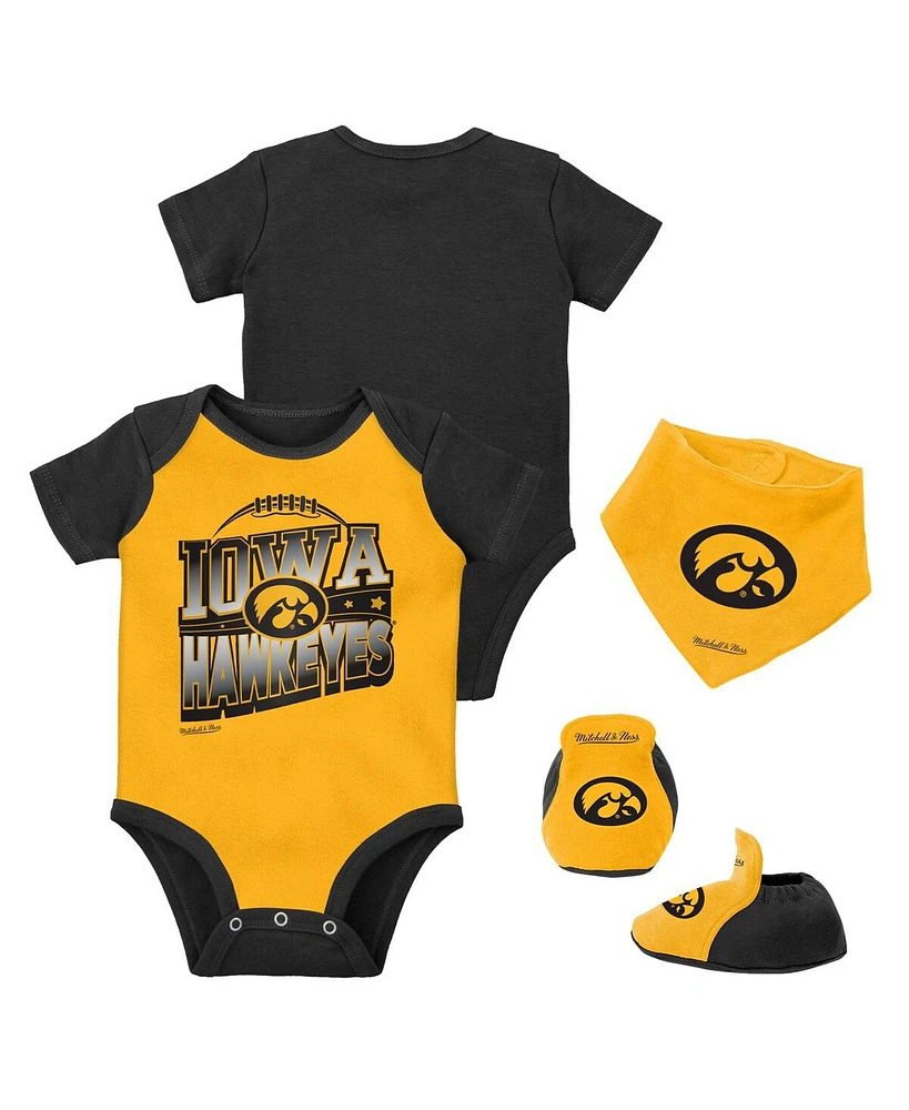 Baby Boys and Girls Mitchell Ness Black, Gold Iowa Hawkeyes 3-Pack Bodysuit, Bib Bootie Set