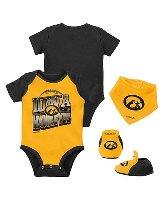 Baby Boys and Girls Mitchell Ness Black, Gold Iowa Hawkeyes 3-Pack Bodysuit, Bib Bootie Set