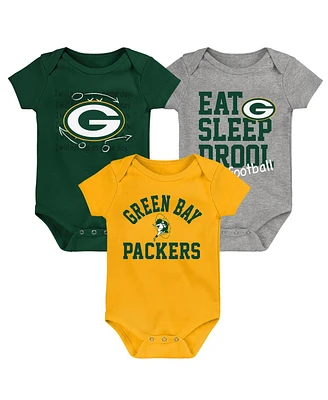 Baby Boys and Girls Green, Gold, Heather Gray Green Bay Packers Three-Pack Eat, Sleep Drool Retro Bodysuit Set