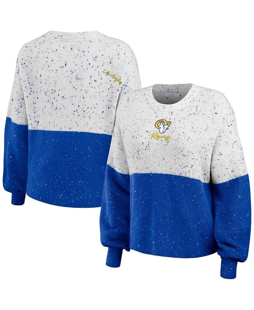 Women's Wear by Erin Andrews White, Royal Los Angeles Rams Lighweight Modest Crop Color-Block Pullover Sweater