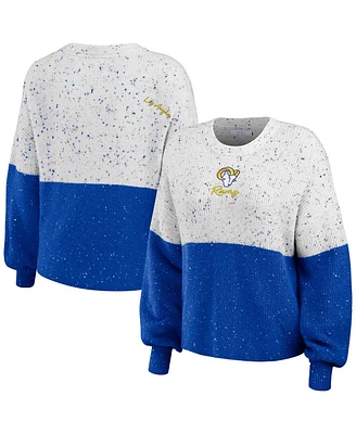 Women's Wear by Erin Andrews White, Royal Los Angeles Rams Lighweight Modest Crop Color-Block Pullover Sweater