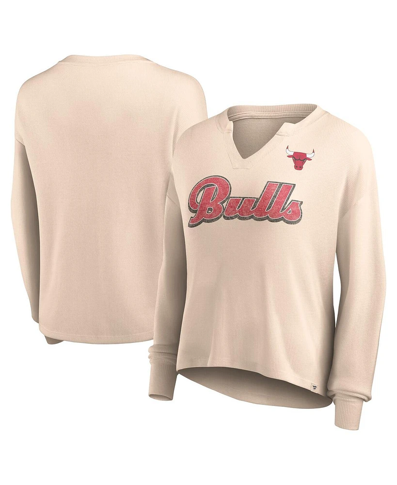 Women's Fanatics Tan Distressed Chicago Bulls Go For It Long Sleeve Notch Neck T-shirt