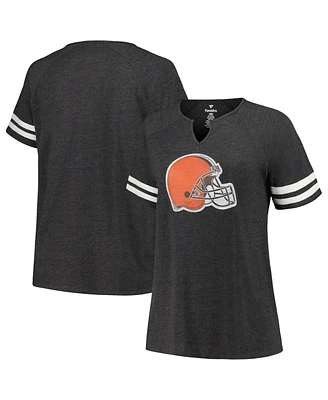 Women's Fanatics Heather Charcoal Distressed Cleveland Browns Plus Size Logo Notch Neck Raglan Sleeve T-shirt