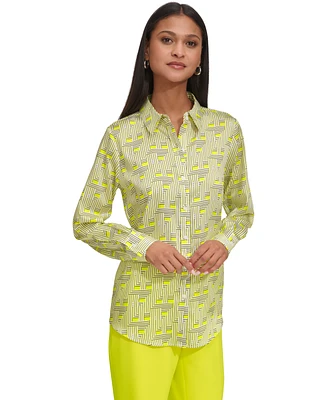 Karl Lagerfeld Women's Printed Roll-Cuff Button-Front Shirt