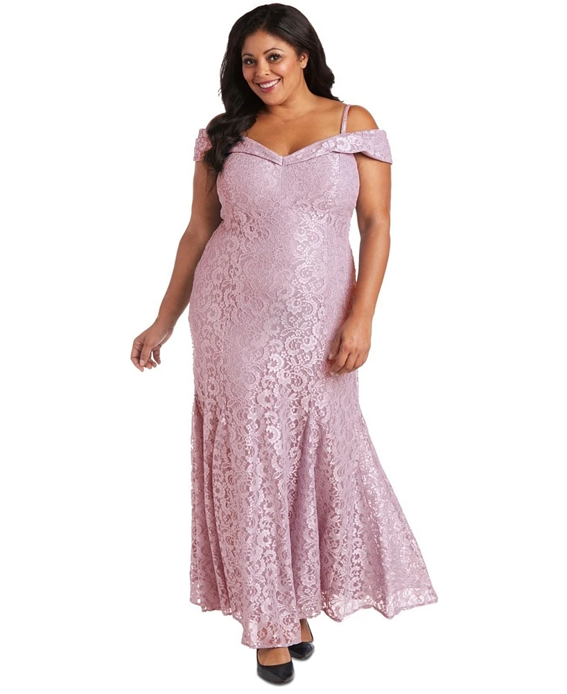 R & M Richards Plus Size Off-The-Shoulder Lace Gown