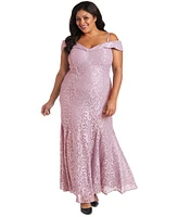 R & M Richards Plus Size Off-The-Shoulder Lace Gown