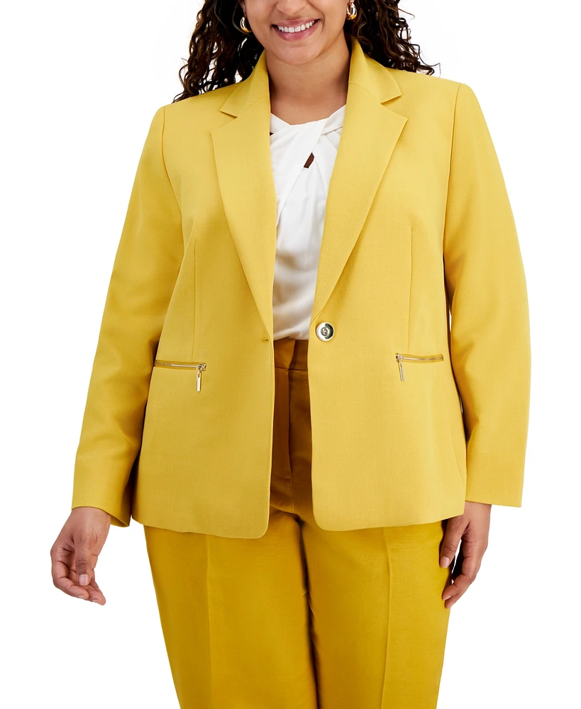 Kasper Plus One-Button Zip-Pocket Blazer