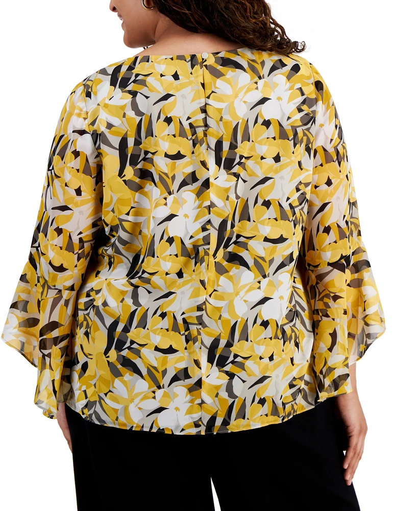 Kasper Plus Size Printed Ruffled 3/4-Sleeve Top