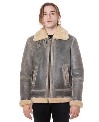 Men's Shearling Aviator Jacket, Distressed Grey with Beige Curly Wool