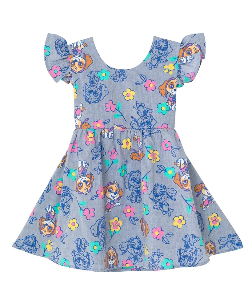 Paw Patrol Skye Floral Girls Chambray Skater Dress Toddler|Child