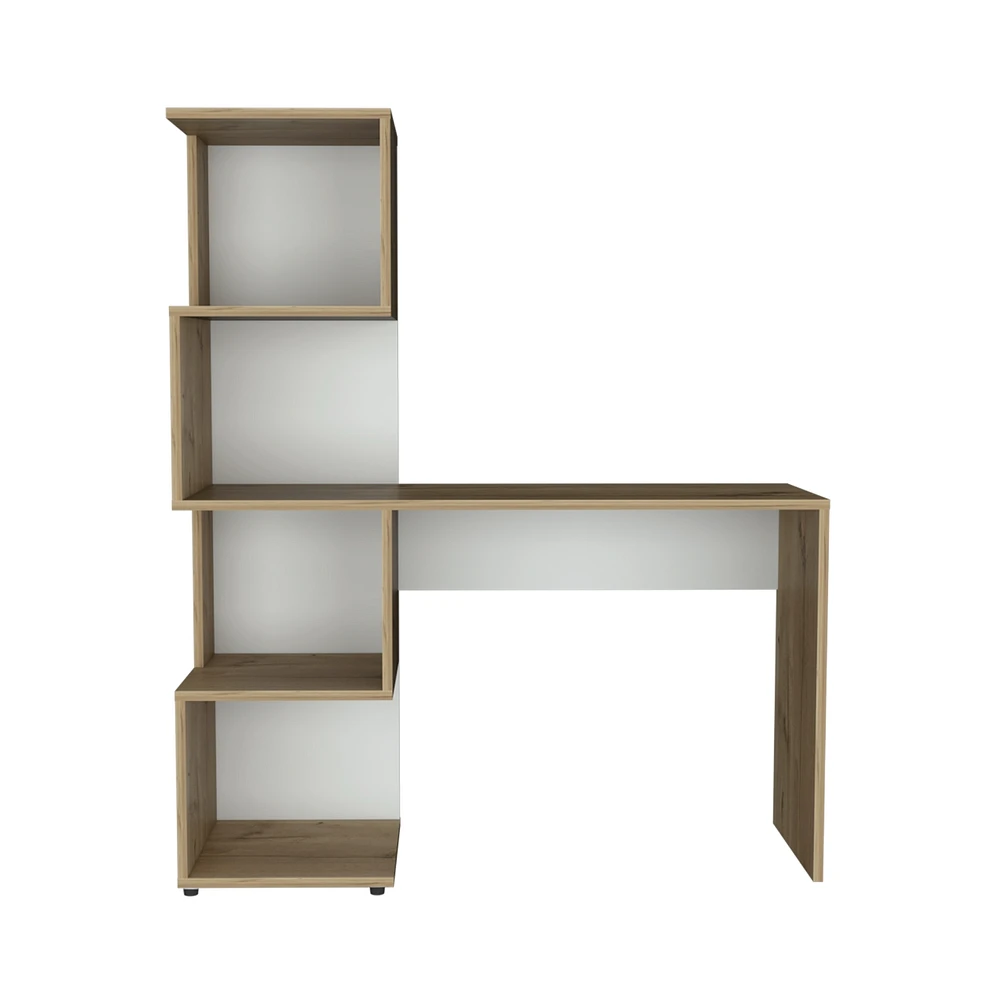 Depot E-shop Delhi Desk with Bookcase and 4 Storage Shelves, Light Oak / White