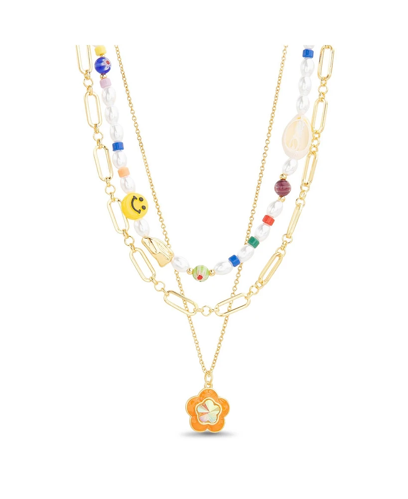 kensie Multi 3 Piece Mixed Beaded and Chain Necklace Set with Flower Charm Pendant