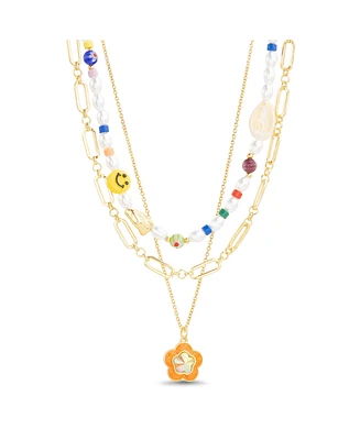 kensie Multi 3 Piece Mixed Beaded and Chain Necklace Set with Flower Charm Pendant