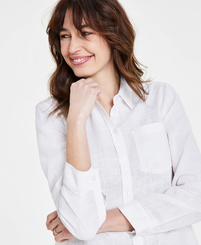 Tahari Asl Women's Linen-Blend Long Sleeve Button Front Shirt