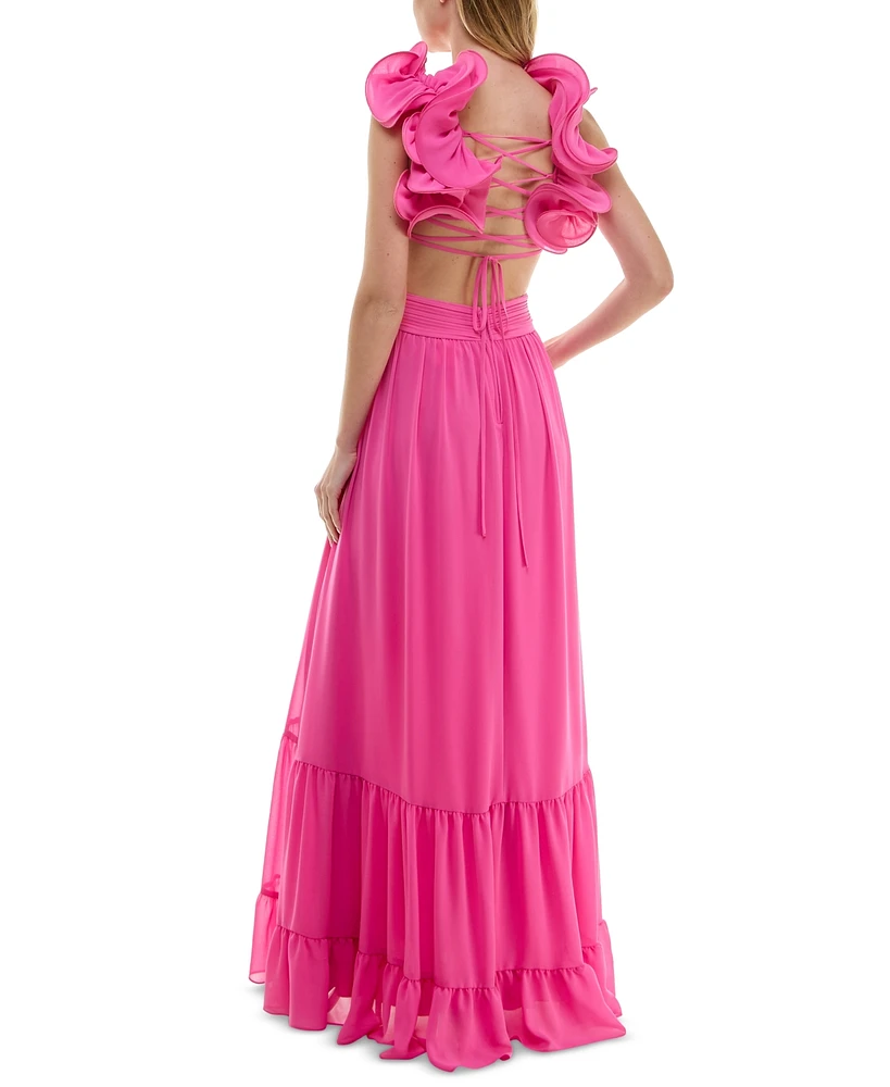 B Darlin Juniors' Ruffled Lace-Up-Back Gown