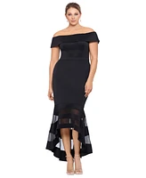 Xscape Plus High-Low Off-The-Shoulder Midi Dress