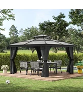 10' x 10' Patio Gazebo, Netting Curtains, Aluminum Frame, 2 Tier Pc Roof, Black