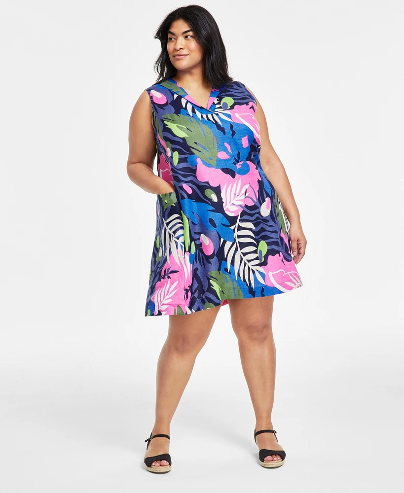 Charter Club Plus Size 100% Linen Printed Split-Neck Dress, Created for Macy's