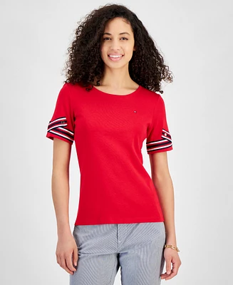 Tommy Hilfiger Women's Ribbon Cuff Crewneck Cotton Logo T-Shirt