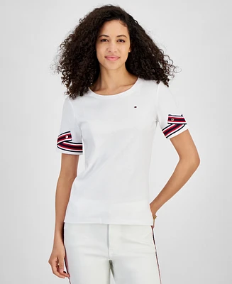 Tommy Hilfiger Women's Ribbon Cuff Crewneck Cotton Logo T-Shirt