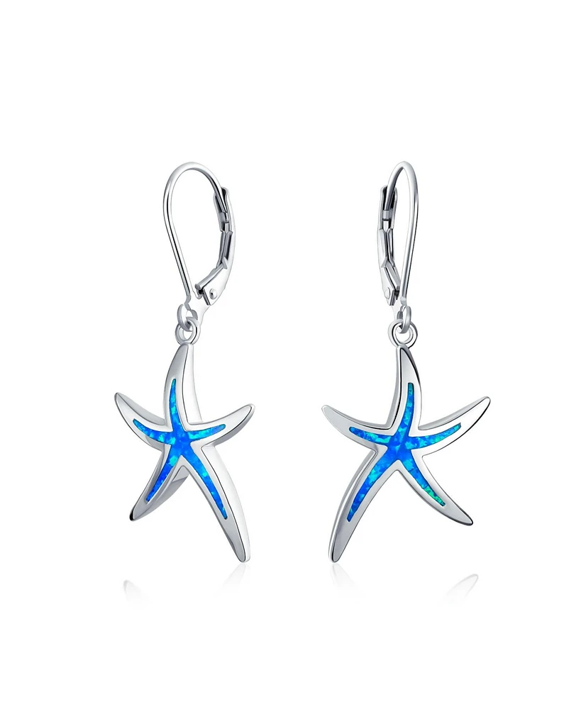 Bling Jewelry Nautical Aquatic Tropical Beach Vacation Iridescent Synthetic Blue Opal Inlay Starfish Dangle Drop Lever back Earrings For Women Sterlin