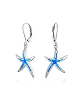 Bling Jewelry Nautical Aquatic Tropical Beach Vacation Iridescent Synthetic Blue Opal Inlay Starfish Dangle Drop Lever back Earrings For Women Sterlin