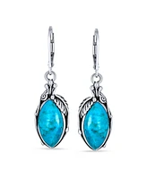 Bling Jewelry Style Natural Stabilized Blue Turquoise Marquise Shaped Leaf Feather Dangle Earrings For Women Lever back Oxidized Sterling Silver