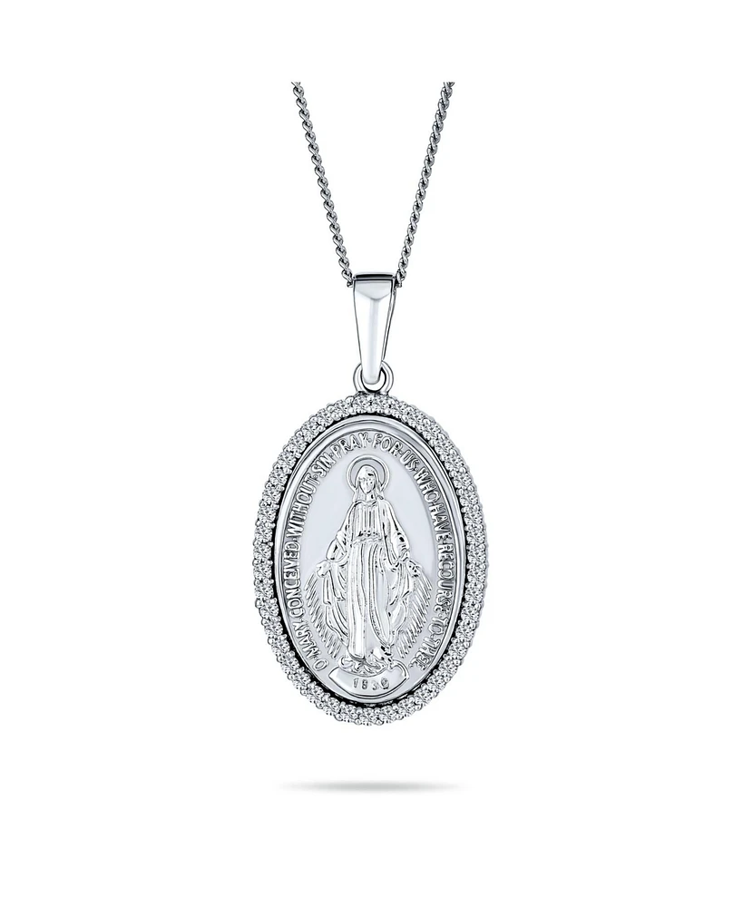 Traditional Christian Oval Religious Medal Our Lady Of Guadalupe Catholic Virgin Mary Pendant Necklace Cz Halo Necklace For Women .925 Sterling Silver