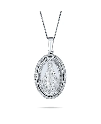 Traditional Christian Oval Religious Medal Our Lady Of Guadalupe Catholic Virgin Mary Pendant Necklace Cz Halo Necklace For Women .925 Sterling Silver