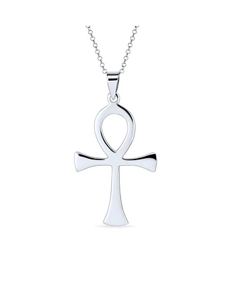Large Classic Men's Large Key To Life Egyptian Ankh Cross Pendant Necklace For Men Polished .925 Sterling Silver