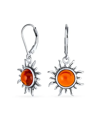 Bling Jewelry Tropical Honeymoon Vacation Beach Sun Rise Honey Cognac Natural Amber Round Sunburst Dangle Drop Earrings Lever back Oxidized Sterling S