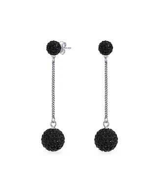 Black Crystal Pave Round Double Disco Ball Drop Linear Prom Dangle Earrings For Women.925 Sterling Silver