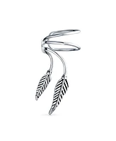 Bling Jewelry Double Leaf Feather Cartilage Ear Cuffs Clip Wrap Wire Earrings Helix For Women Non Pierced Ear Oxidized Sterling Silver