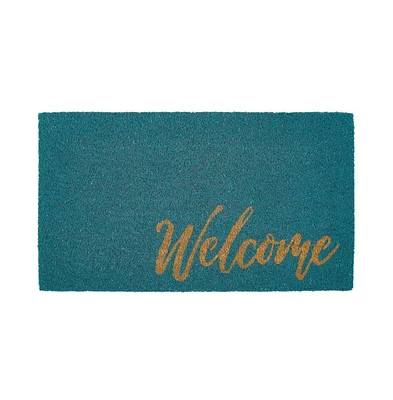 mDesign Welcome Doormat, Natural Fiber Decorative Script, Turquoise Blue/Natural