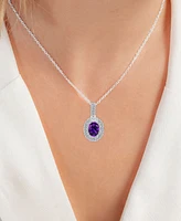 Amethyst (1-1/20 ct. t.w.) & Lab-Grown White Sapphire (1/2 Oval Halo Birthstone Pendant Necklace Sterling Silver, 16" + 2" extender (Also