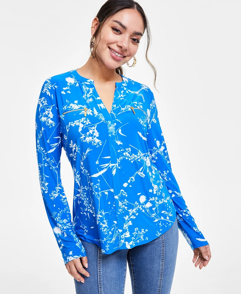 I.n.c. International Concepts Petite Printed Zip-Pocket Top, Created for Macy's