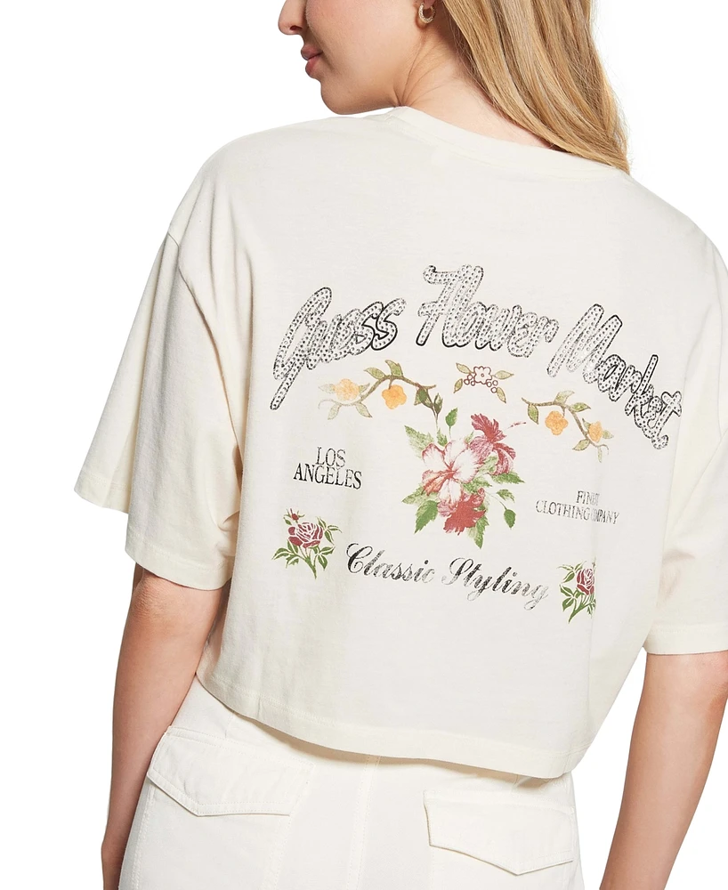 Guess Women's Flower Market Embellished Cropped T-Shirt