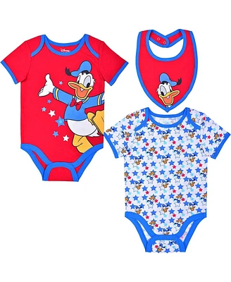 Baby Boys and Girls Donald Duck Red, White Mickey & Friends Bodysuit Bib Three-Pack Set