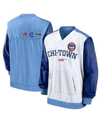 Men's Nike White, Light Blue Chicago Cubs Rewind Warmup V-Neck Pullover Jacket