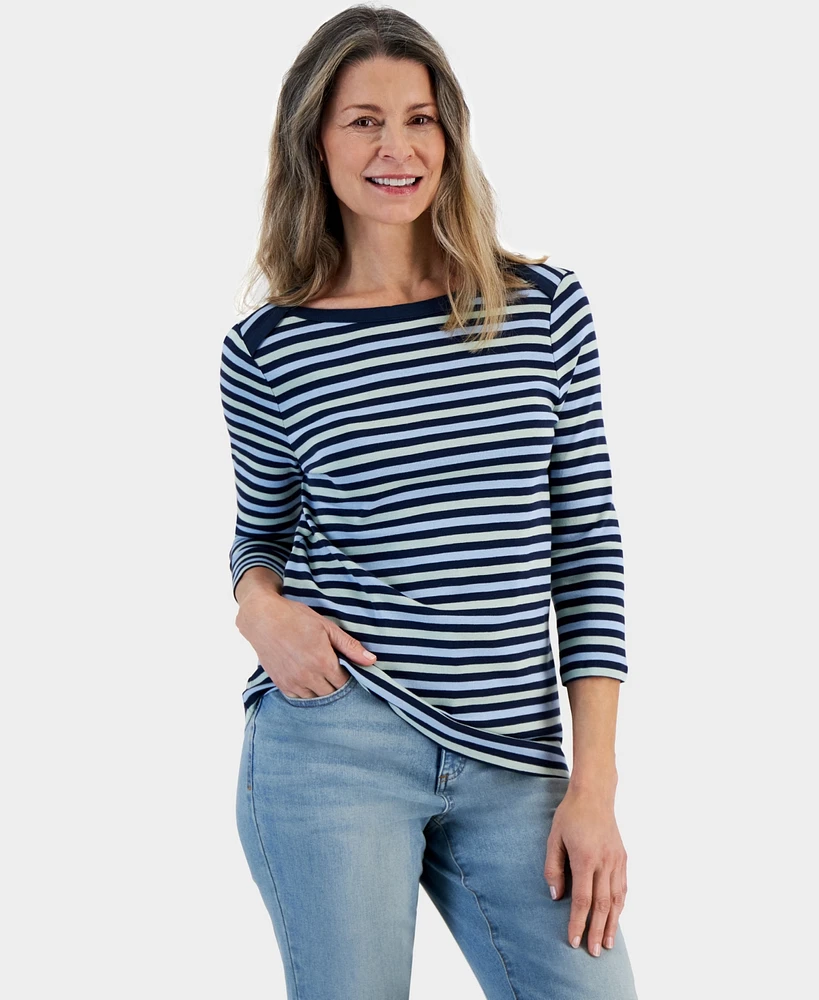 Style & Co Petite Valerie Striped 3/4-Sleeve Boat-Neck Top, Created for Macy's