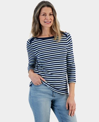 Style & Co Petite Valerie Striped 3/4-Sleeve Boat-Neck Top, Created for Macy's