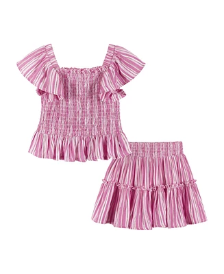 Toddler/Child Girls Pink Striped Smocked Top & Tiered Skirt Set